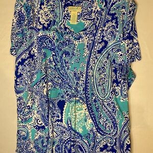 Caribbean Joe Blue and White Paisley Short Sleeve Top